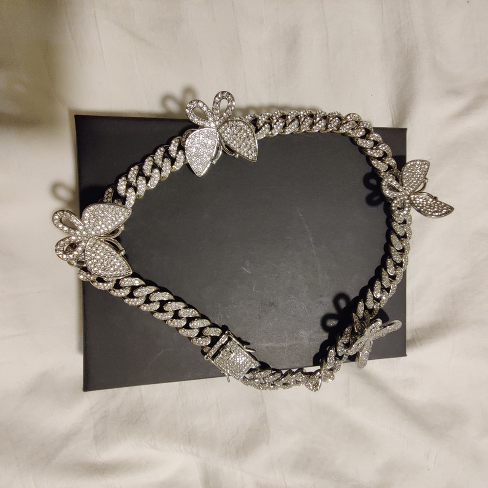 Necklace Set, Rhinestone Cuban Link, Butterfly - Picture 3 of 9